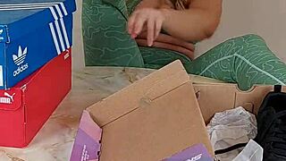 Unboxing and trying on sneakers heels and shoes for foot fetish fun