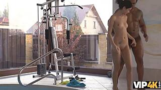 skinny brunette enjoys intense interracial sex by the pool. black man pounds her shaved pussy hard.