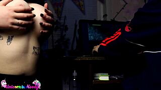 Horny redhead sloppy deepthroat and cum on tits closeup