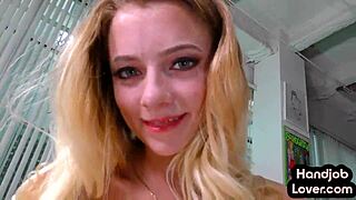 A young girlfriend assists her boyfriend with an oiled close-up massage in POV.