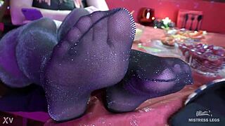 Mistress teases with sexy feet in lurex pantyhose