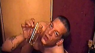 Bisexual male Mark Wright performs a homemade striptease with clothes ripped.