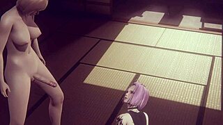 in this hentai, alice engages in hard sex with futanari, including blowjob and cumshot in cosplay costume