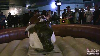 Hot girls in lingerie compete in wild bull riding at Florida bar