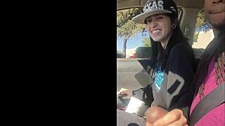 Wow! Lesbian Strokes Friend's Huge Cock in Car!