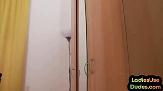 European babe dominas use dildo and spanking on anal buttplugged sub for handjob threesome