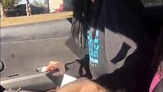 Wow! Lesbian Strokes Friend's Huge Cock in Car!