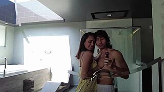 Before afternoon nap, emo brunette sandy cortez bends over for pov blowjob and doggystyle fucking