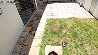 shower pee turns into deep throat cock sucking in garden