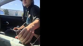 Wow! Lesbian Strokes Friend's Huge Cock in Car!