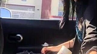 Wow! Lesbian Strokes Friend's Huge Cock in Car!