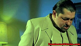 Petite beauty bound and dominated by ruthless master in stockings