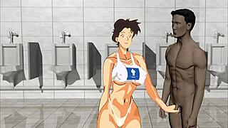 Keiko steps into the public bathroom for a private moment, exploring the outdoor space quietly