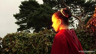 In medieval times, the brunette wench flashes her massive tits and seduces the prince by sucking his huge cock.