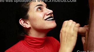 in that cfnm scene, red turtleneck and black lips girl gives handjob, mouthful of cum on clothes.