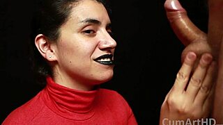 in that cfnm scene, red turtleneck and black lips girl gives handjob, mouthful of cum on clothes.