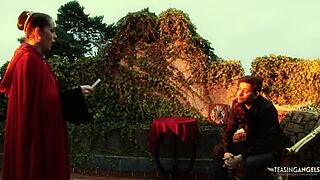 In medieval times, the brunette wench flashes her massive tits and seduces the prince by sucking his huge cock.