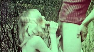 The retro three-way porno sex with hairy love-making holes and the retro porn stars