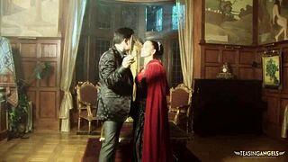 In medieval times, the brunette wench flashes her massive tits and seduces the prince by sucking his huge cock.