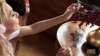 blonde milf in alice in wonderland costume joins outdoor group roleplay