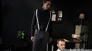 Hairy gay crossdresser fucks analed in office