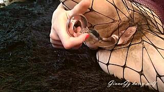 My glass penis test made my pussy drip through fishnet tights. Pantyhose stained from instant wet excitement!