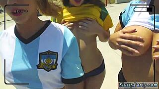 Horny blonde teen in outdoor anal foursome with americans