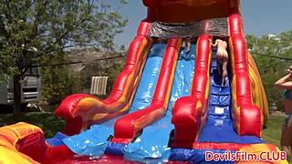 Lesbians going wild with strapon in outdoor group fun