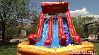 Lesbians going wild with strapon in outdoor group fun