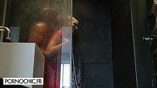 intense sex in the shower, her skinny blonde body riding and fingering passionately