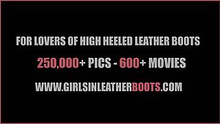 busty babe teases pussy in tight latex boots and stockings