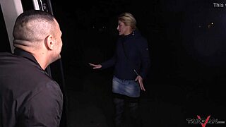 on the highway, the blonde slut spreads her cunt wide for a monster cock ride