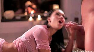 Beautiful Brunette Blows Cock By Fireside And Swallows Cumshot