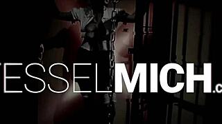 Hey, watch this German mistress in leggings dominate at Andreaskreuz with clamps!