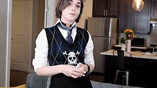A horny tranny teen in uniform wants to get naughty on camera