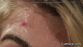 Wacky model receives facial cumshot in blowbang POV.