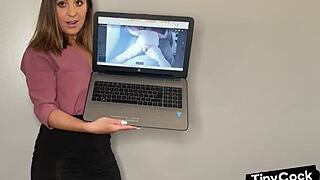 Femdom babe humiliates small cocks from photos in leggings and skirt