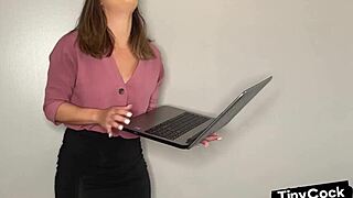 Femdom babe humiliates small cocks from photos in leggings and skirt