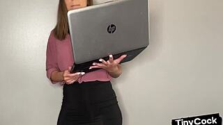 Femdom babe humiliates small cocks from photos in leggings and skirt