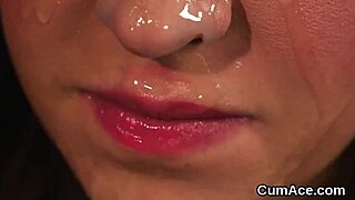 POV blowjob with busty babe takes a facial and swallows cum