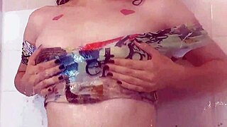 Caught my step sister in the shower, her big tits and booty shining.