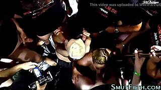 I love watching this busty slut get her face spunked in a blowbang