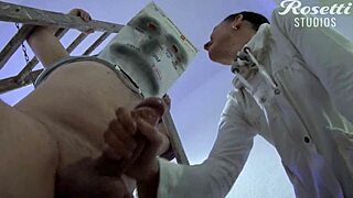 Pervert with the head engages in handjob