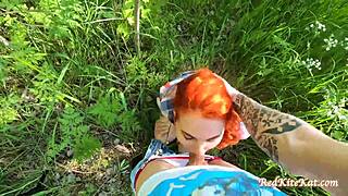 Babe gives public blowjob to big dick and swallows cum outdoor.