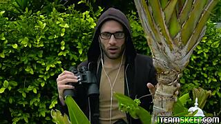 sweet teen jerking stud's cock before riding it outdoors in bikini