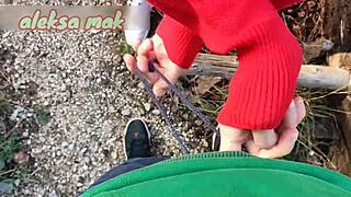 Intense outdoor handjob leads to big squirt and cumshot closeup.