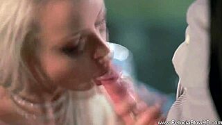 The classy blonde performs a deep CFNM blowjob. She swallows the cumshot eagerly.