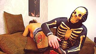Big Boobs Pregnant Girl in Stockings Punished Hard by Skeleton in Wild Scene