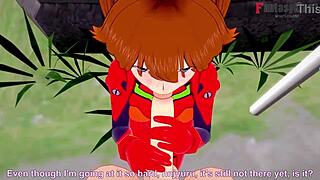 Asuka Langley Soryu delivers steamy blowjob in POV action.