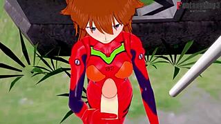Asuka Langley Soryu delivers steamy blowjob in POV action.